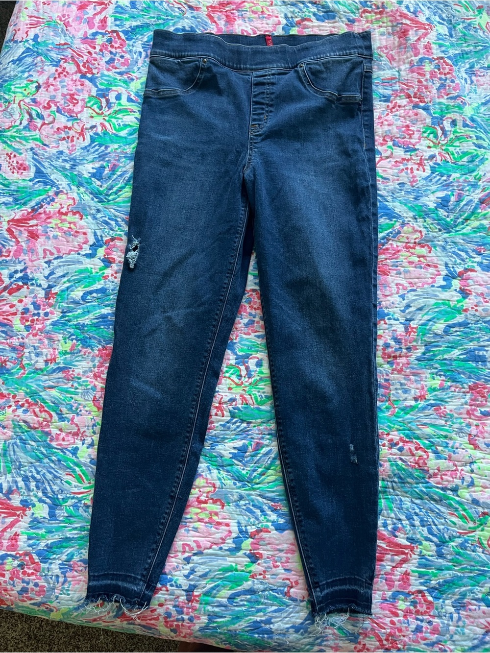 SPANX Dark Blue Skinny Jeans with Subtle Distressed
